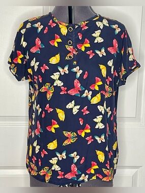 Vintage 90s Peter Hahn Butterfly Print Blouse Navy Novelty Top EU 40 Women’s